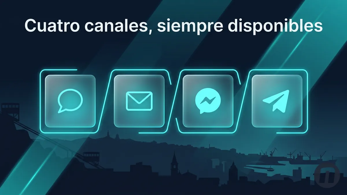 Los cuatro canales de contacto de Novibet Chile: chat, correo, Messenger y Telegram