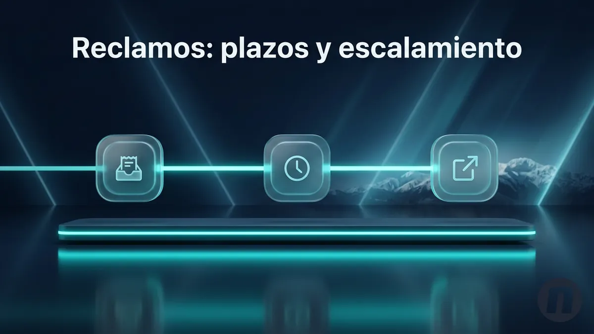 Línea de tiempo turquesa con etapas de un reclamo, ilustrando los plazos y canales de reclamo de Novibet en Chile