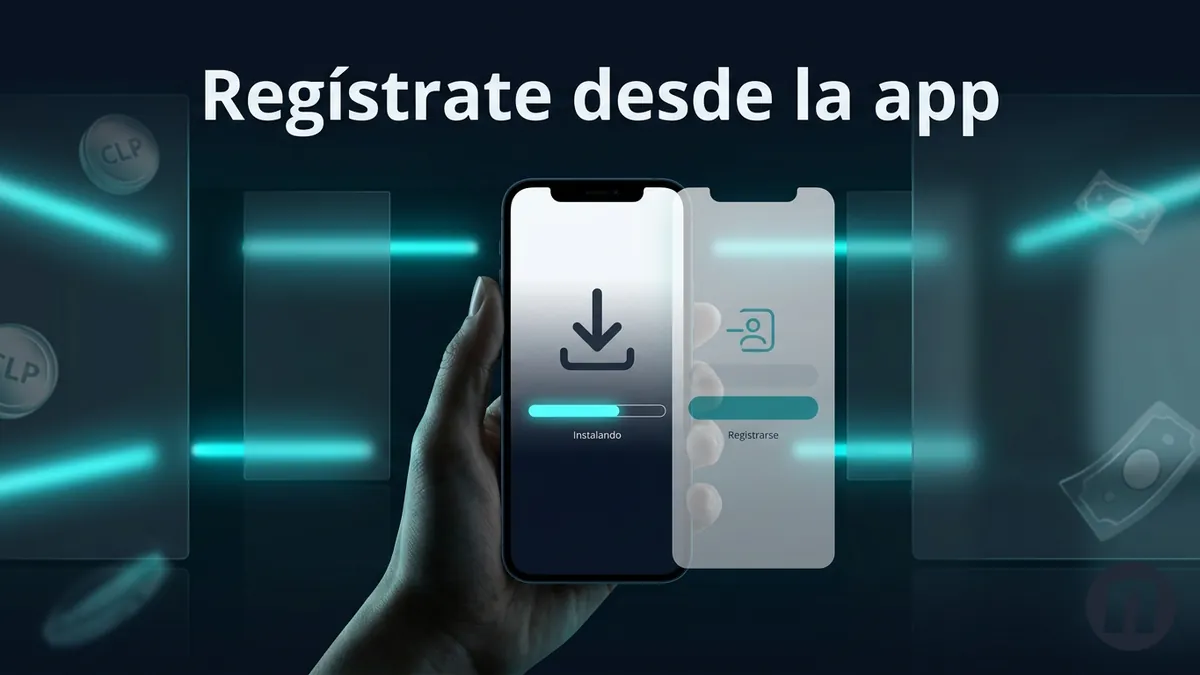 Instalación y registro en la app de Novibet Chile desde el celular con monedas chilenas estilizadas de fondo